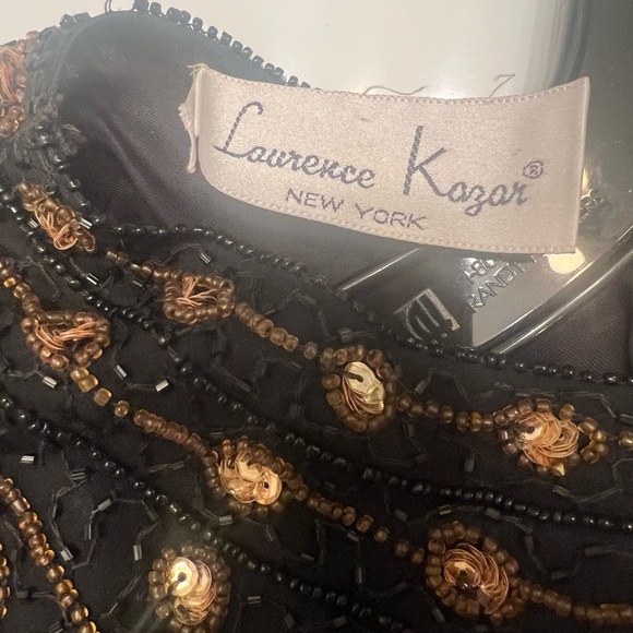 VINTAGE Size M LAWRENCE KAZAR black gold sequin cocktail dress with slit - Picture 14 of 16
